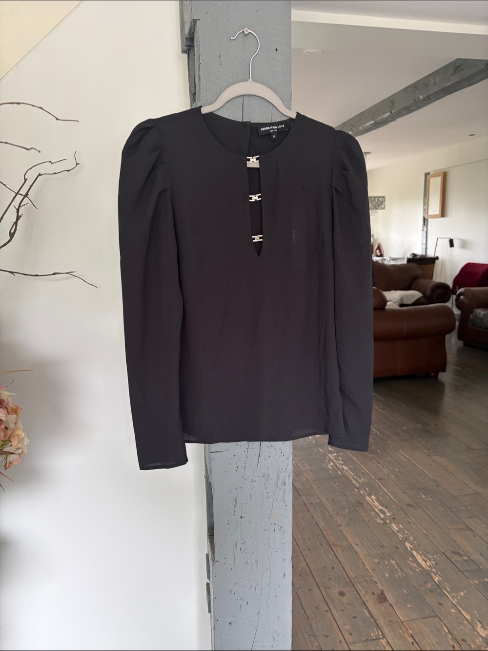 Black Puff Shoulder Bar Detail Blouse GENERATION LOVE